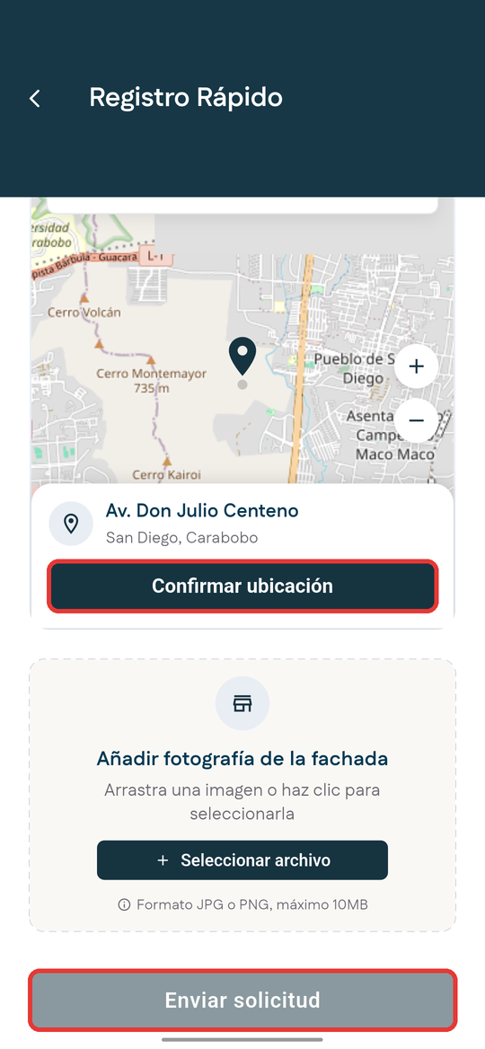 Confirmar ubicación y enviar