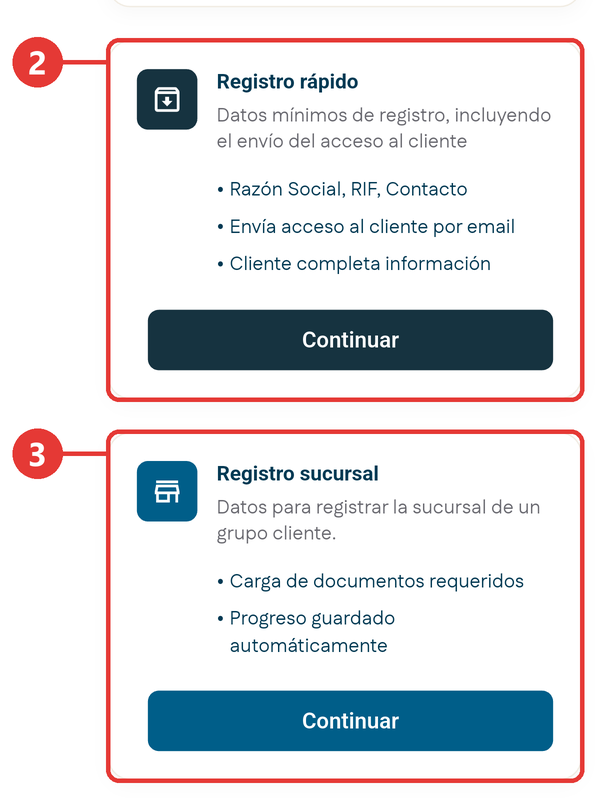 Registro rápido y registro de sucursal