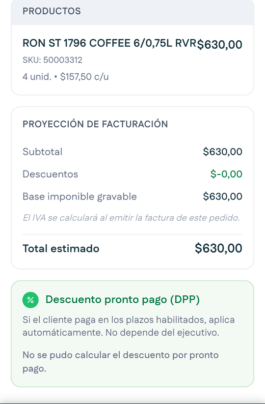 Descuento pronto pago en el detalle del pedido