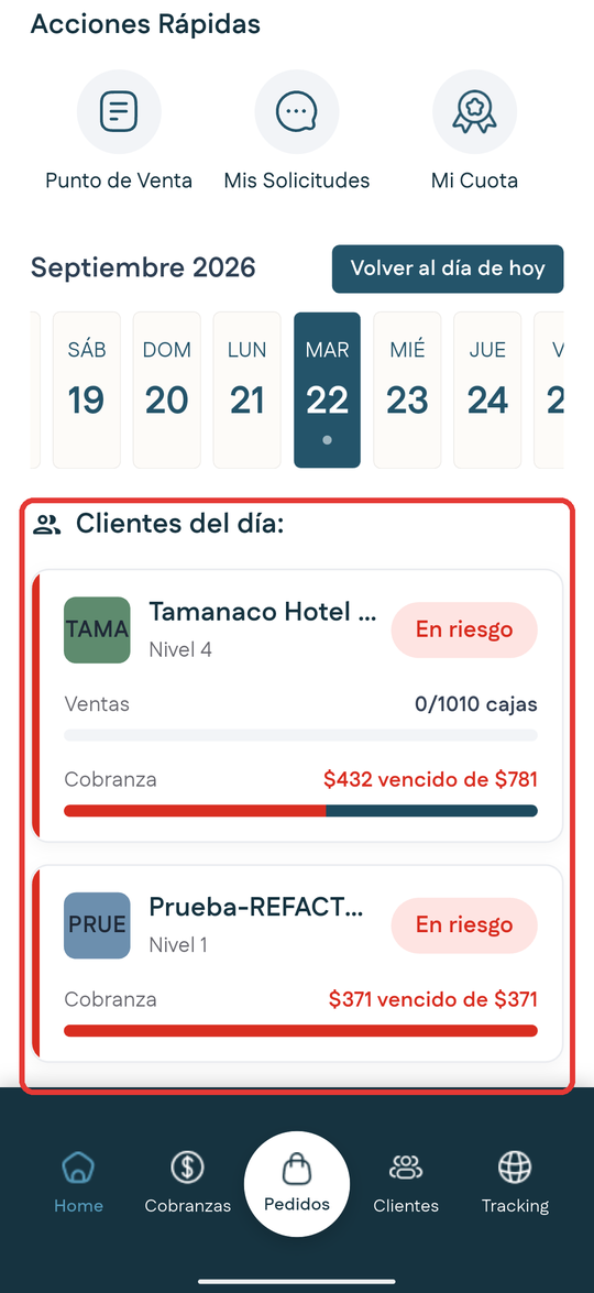 Sección Clientes del día